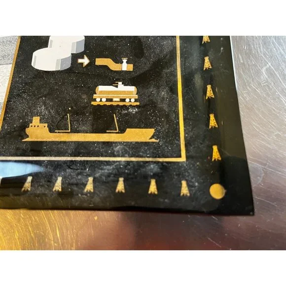 Vintage 1950s MCM Oil Drill Rig souvenir black gold glass tray South Bend In